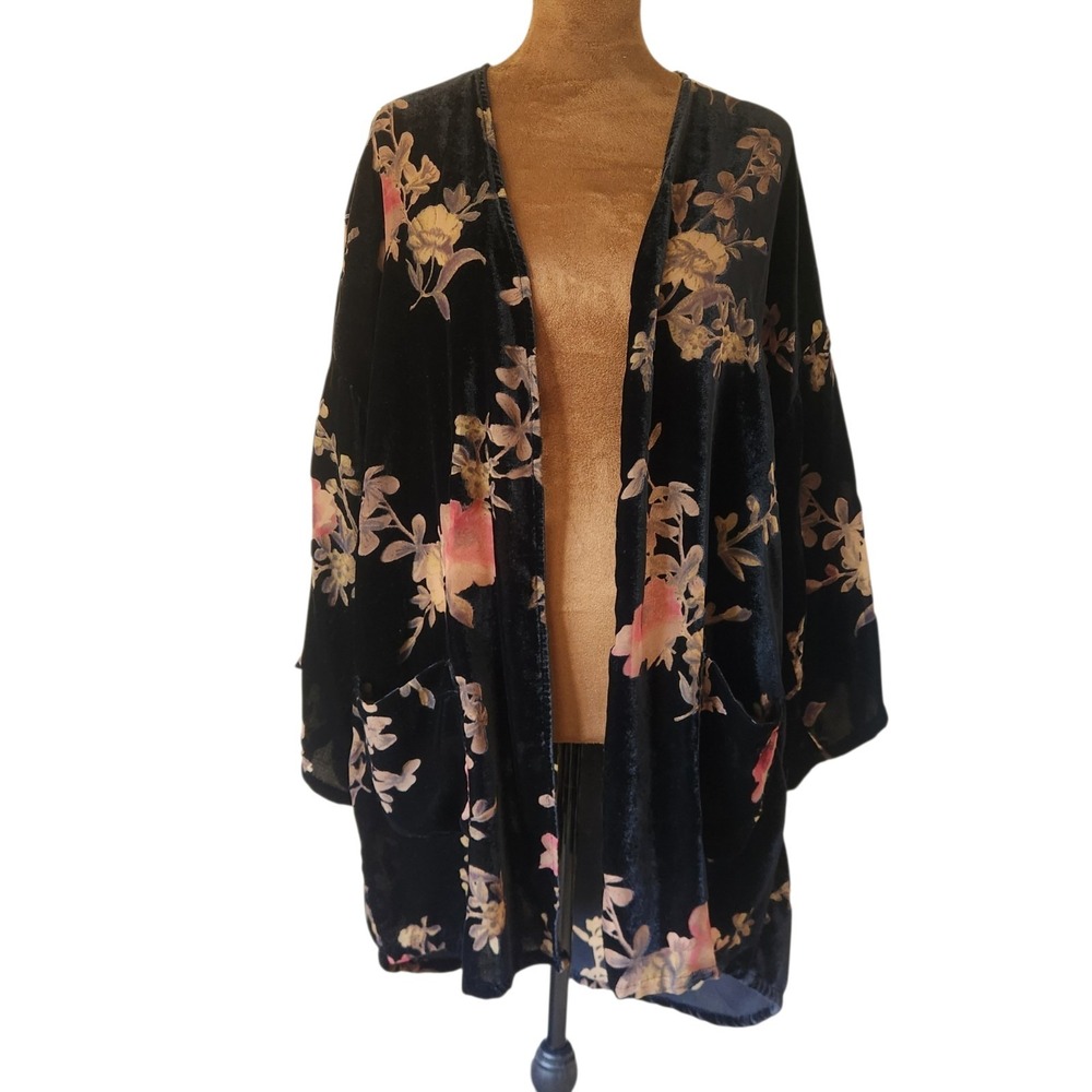 Danielrainn Burnout Cardigan Velvet Black Dark Floral Size XL Open Layer Women's